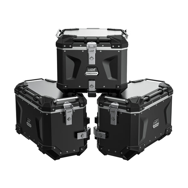 Valises latérales en aluminium pour moto de 30, 35, 38 et 45 L | détachement rapide à neuf points, serrure à clé — CONQUEROR